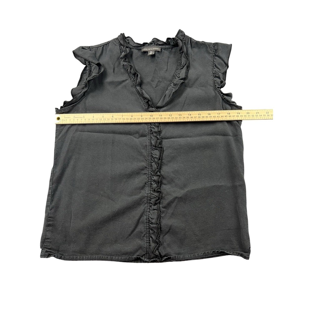 Saks Fifth Avenue Ruffle Trim Blouse Top Women's S Black V Neck 100% Lyocell